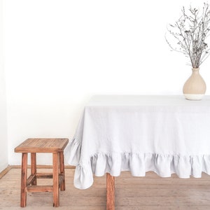 Light gray linen tablecloth with frill | natural dining tablecloth | custom sizes