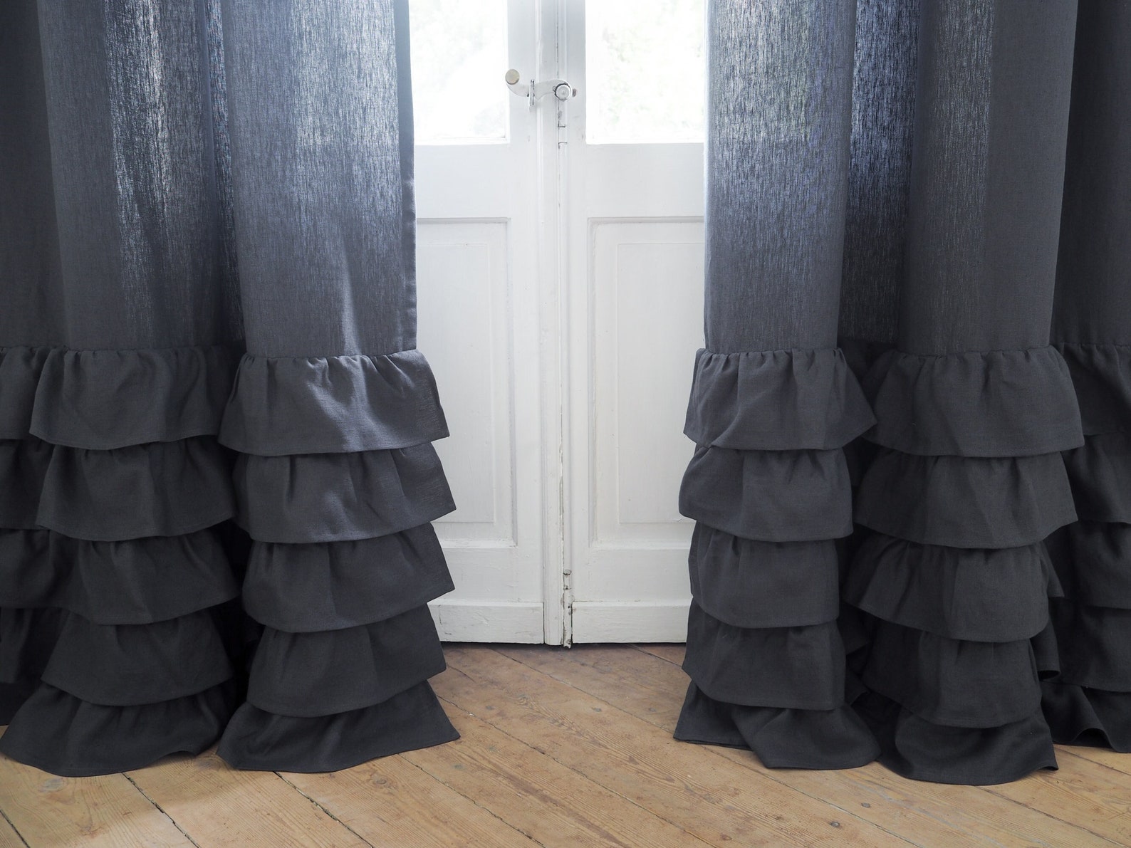 Charcoal Ruffled Heavy Linen Curtain Panel, Boho Drapes, Natural Window ...