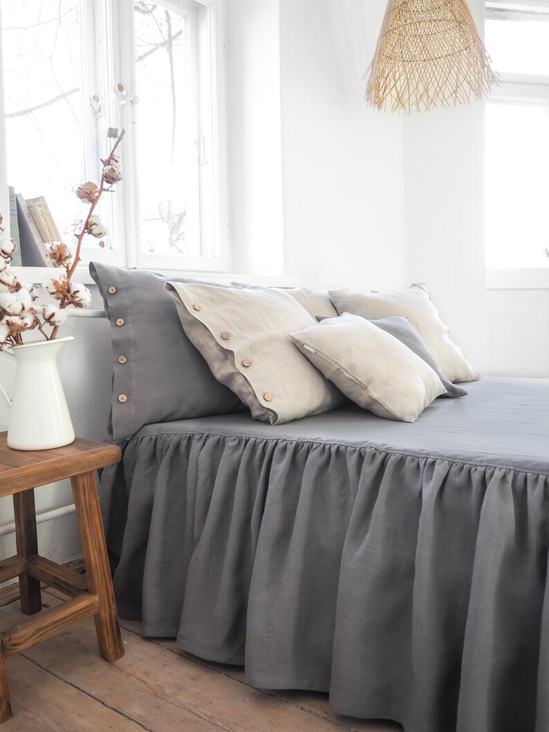 Stylish Ruffled Bedspread. Linen Bedskirt. Gray Dust Ruffle. Etsy