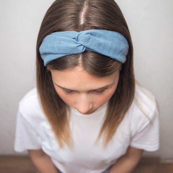 Dusty blue knotted linen headband, natural linen headband with a knot, workout headband, top knot hairband