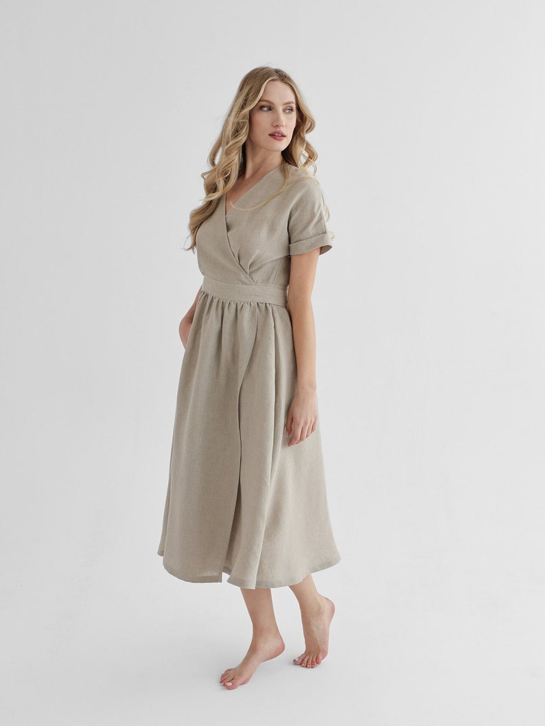 Elegant linen wrap dress in natural linen color. linen dress jasmine. image 6