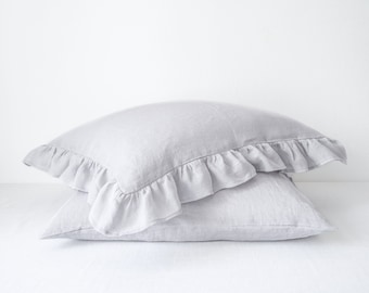 Light gray ruffled linen pillowcase. Linen pillowcase with ruffles. Ruffle linen bedding.