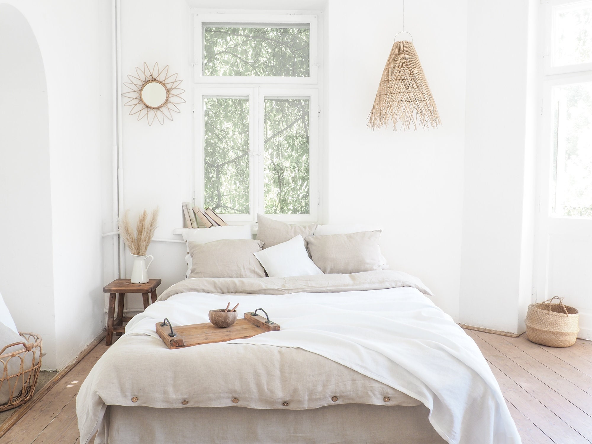 White Linen Blanket, Heavy Stonewashed Linen Bedspread, Custom Size