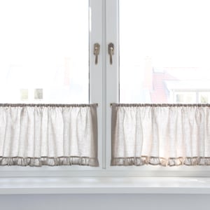 Muslin linen cafe curtains with a ruffle. Short kitchen curtains.