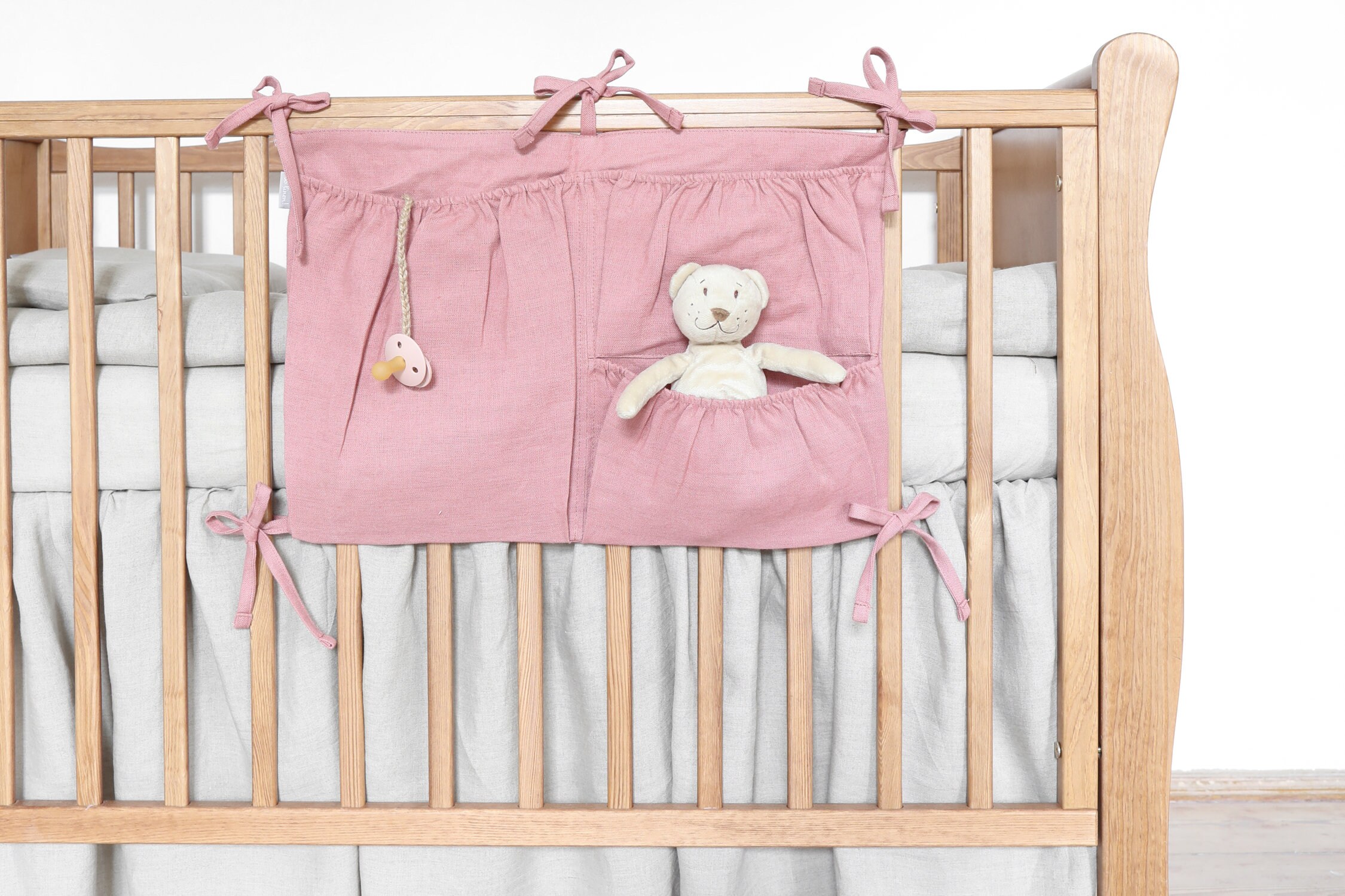 Organisateur Suspendu Pour Lit Bébé - 2 Poches En Coton 100% - Range Couches, Jouets, Vêtements - Sangles Réglables - Rose Tendre