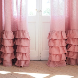 Dusty pink linen ruffled curtain panel made of medium linen (160 g/m2). for living room or children's room.