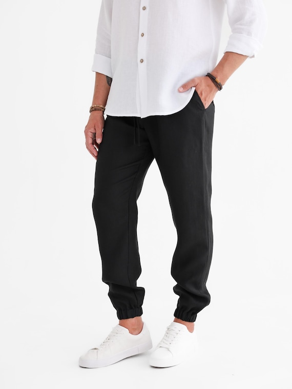 HOT ! Mens Black Linen Joggers Black Linen Linen Mens Pants HOT ! Mens Black Linen Joggers Black Linen Linen Mens Pants