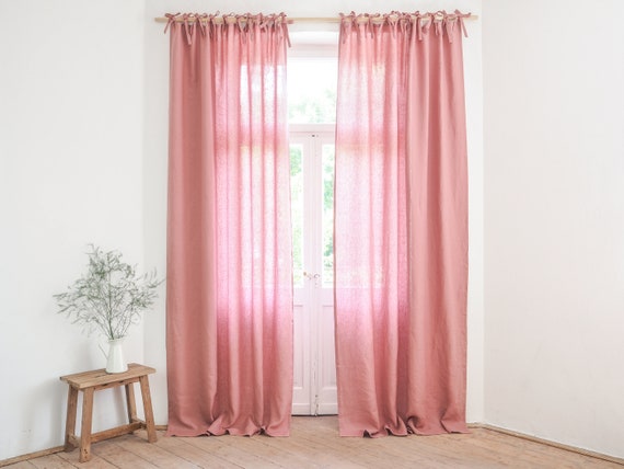 Dusty Pink Linen Curtains Tie Top Curtain Panel With Ribbons Etsy