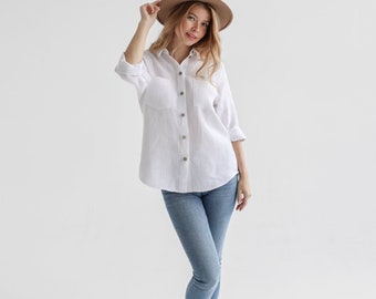 Classic linen shirt made of 100% linen in pure white color. linen shirt iris.