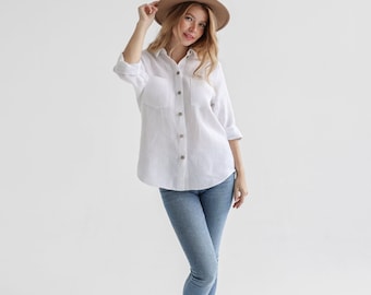 White Linen Shirt, Stonewashed Button-Down Top