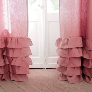 Dusty Pink Ruffled Heavy Linen Curtain Panel, Natural Window Treatments ...