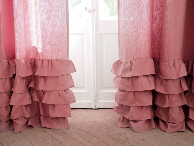 Dusty Pink Ruffled Heavy Linen Curtain Panel, Natural Window Treatments ...