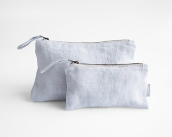 Handmade Linen Makeup Bag. Sustainable Linen Makeup Pouch in light gray color.