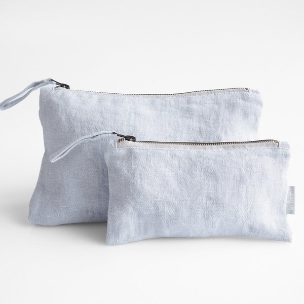Handmade Linen Makeup Bag. Sustainable Linen Makeup Pouch in light gray color.