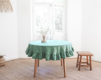 Rond kerstgroen linnen tafelkleed, 280 g/m2 zwaar met ruche
