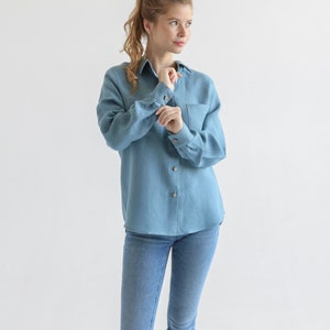Linen blouse made of 100% linen in dusty blue color. linen shirt iris.