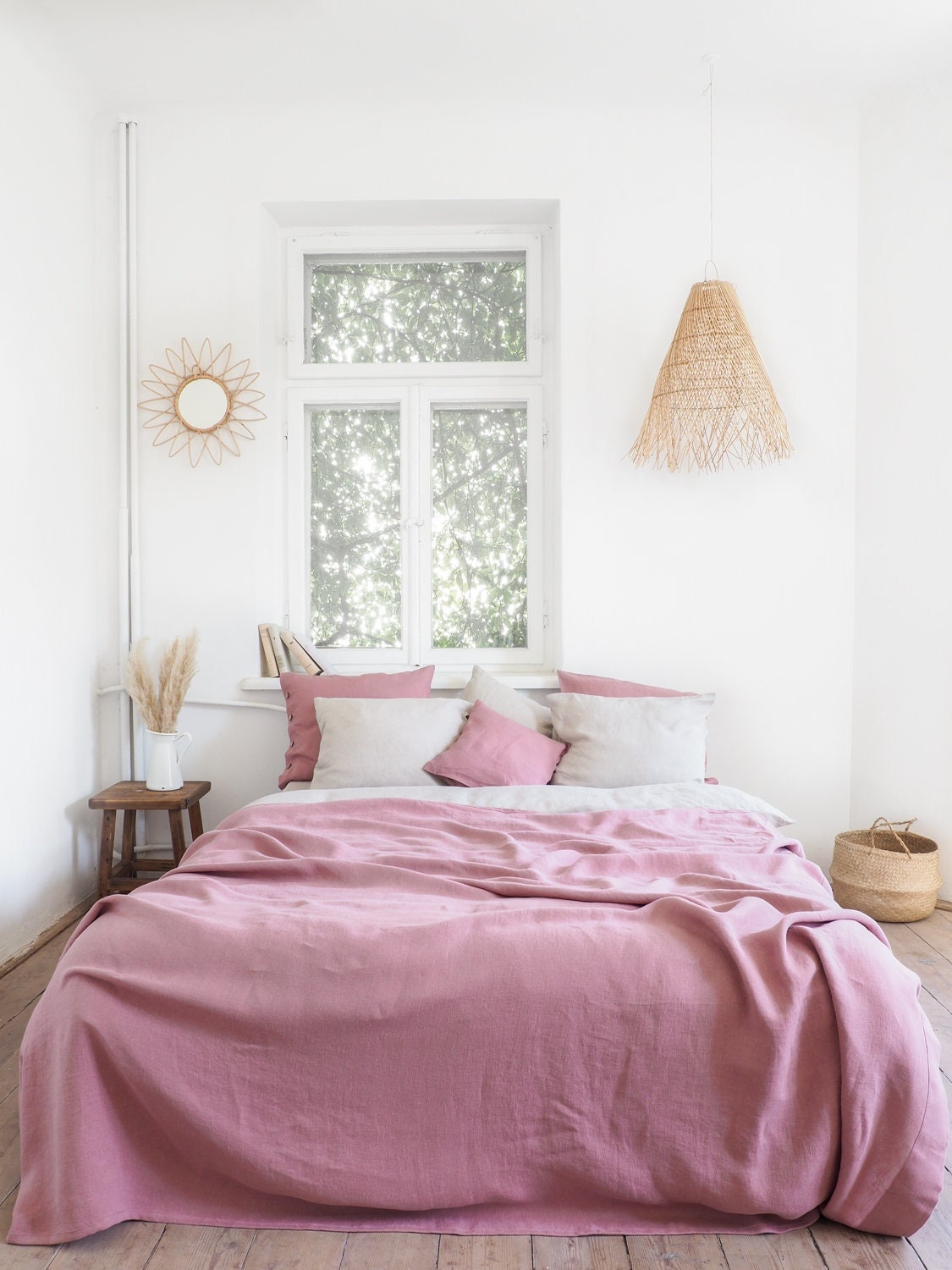 Dusty Pink Stonewashed Linen Blanket, Heavyweight Bedspread