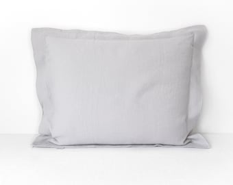 Light gray Oxford style linen pillowcases with flange, linen pillow shams, linen bedding