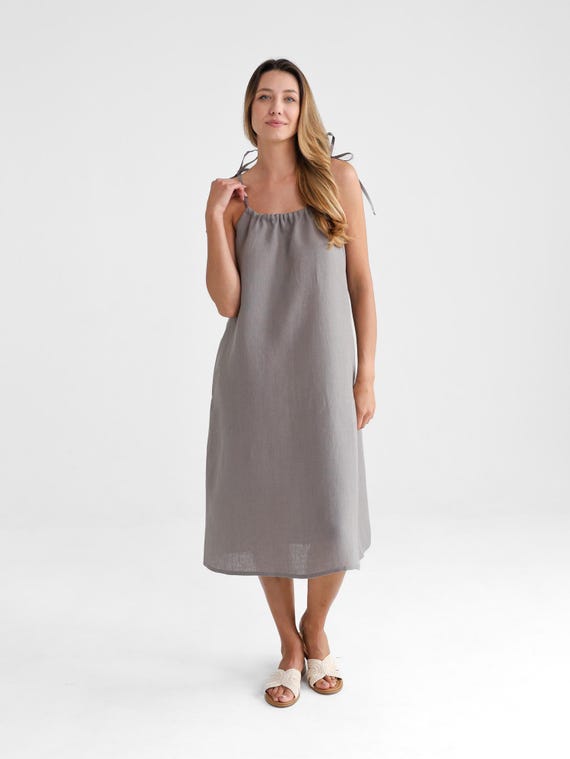 simply grey linen dress Heavyweight Linen Dress in Midi Length