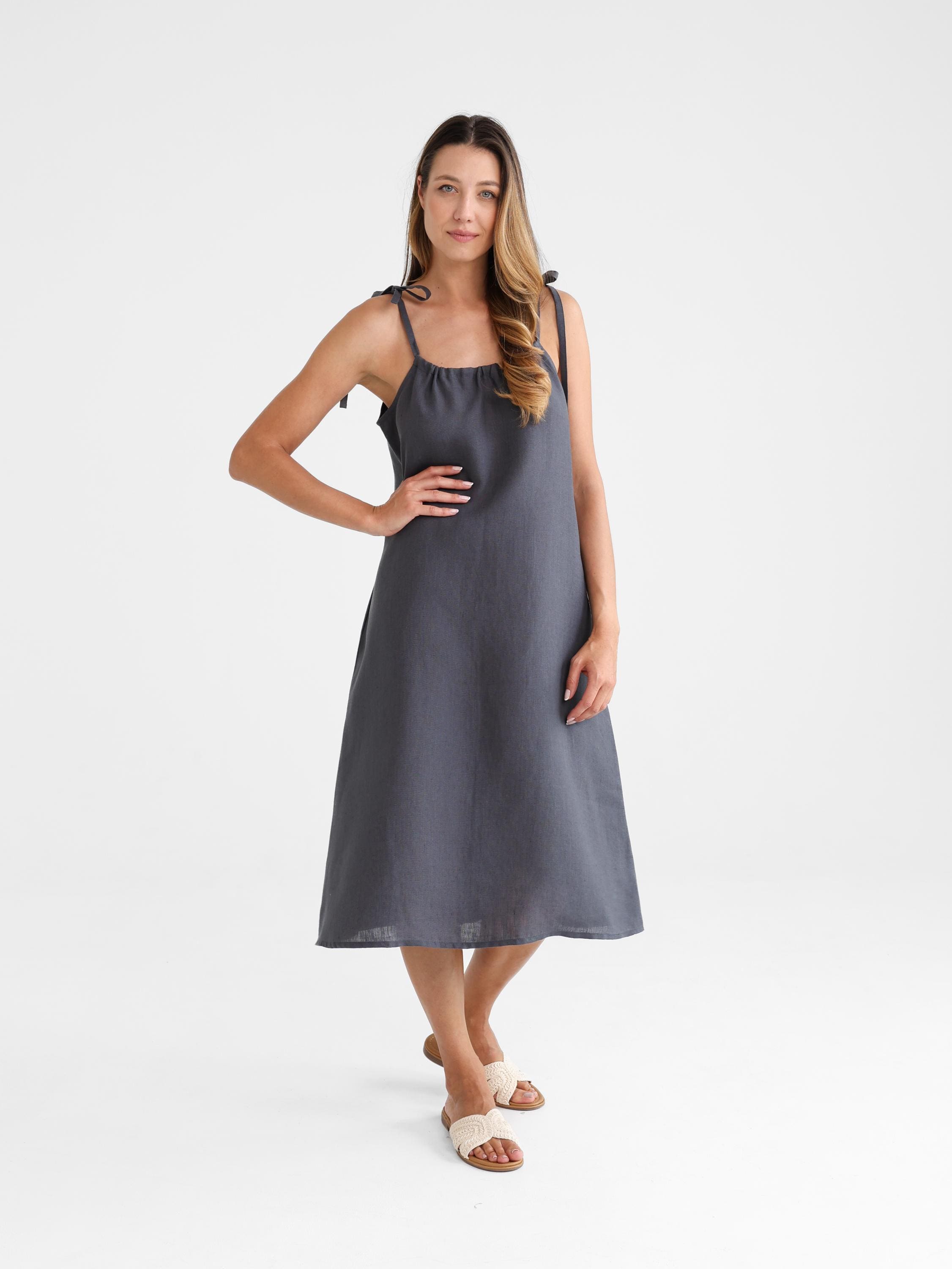charcoal linen dress Handmade Linen Tunic Dress: Charcoal Grey, Side Pockets