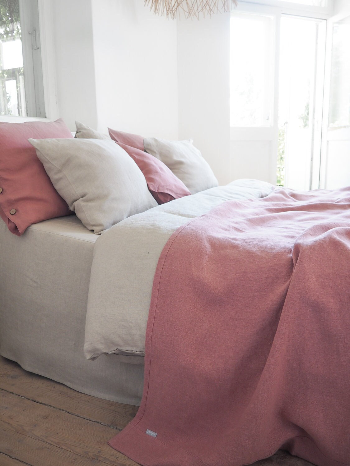 Dusty Pink Stonewashed Linen Blanket, Heavyweight Bedspread