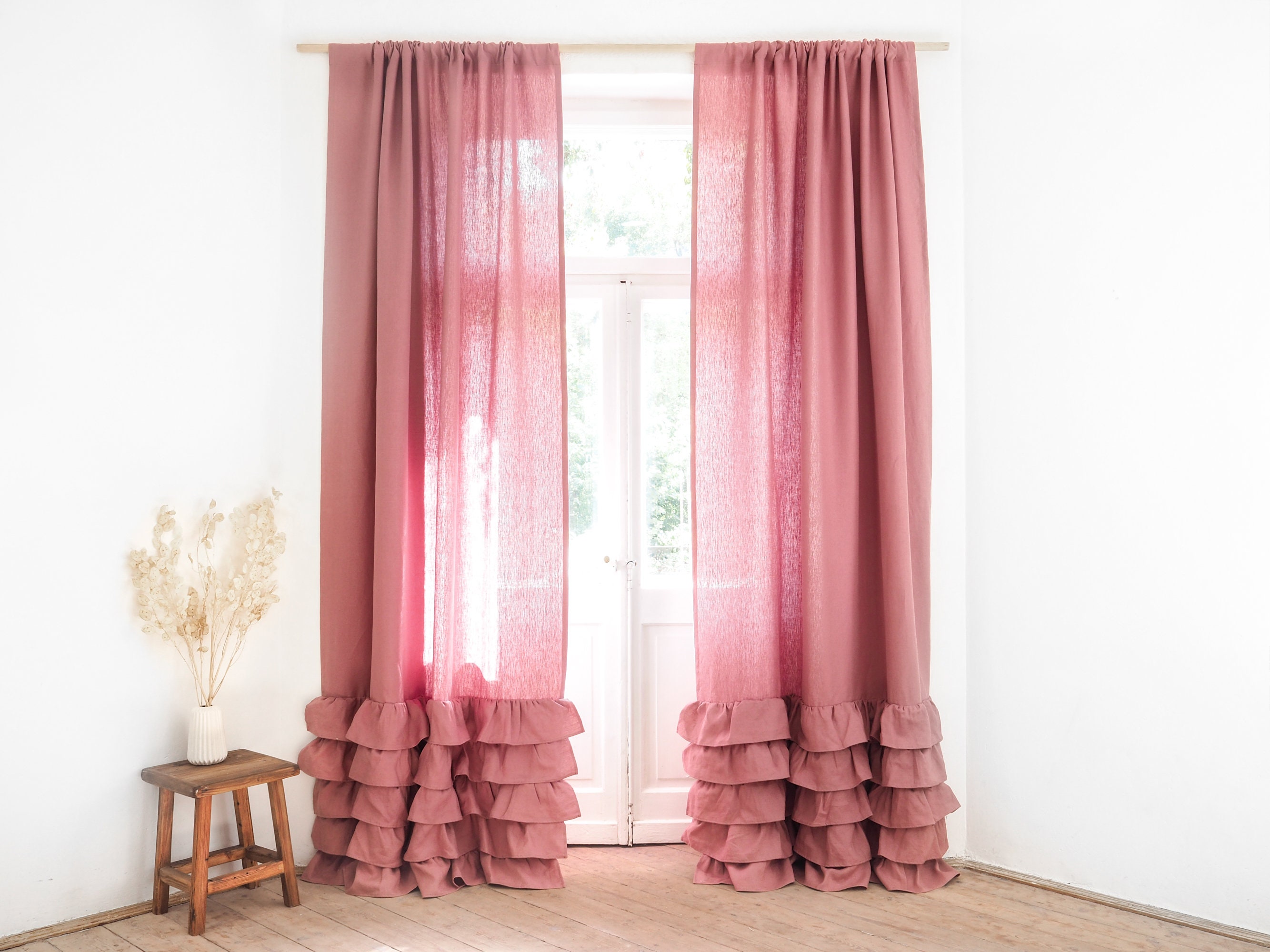 Dusty pink Ruffled HEAVY LINEN curtain panel 285 g/m2. Linen | Etsy