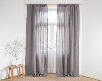 Gray linen curtain panel made of medium linen (160 g/m2). rod pocket curtain made of stonewashed linen