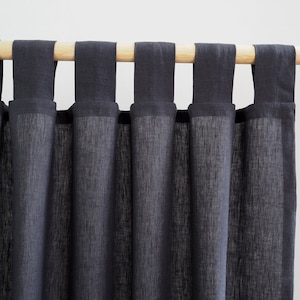 Tab top stonewashed linen curtain made of medium linen (160 g/2). charcoal color.