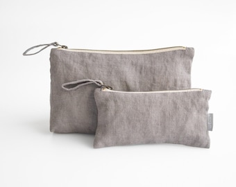 Linen makeup organizer. linen pouch with a zipper in true gray color.