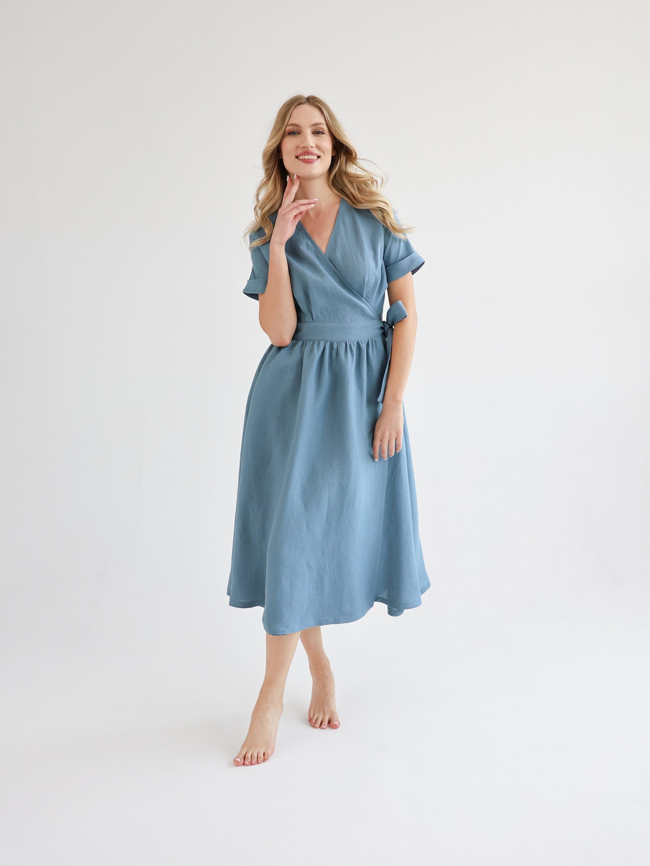 dusty blue wrap dress Classic in Color. Linen Dress Jasmine the Nerina Dress is initials9.2.26 Stylish & Trendy Blue Size for girl:9-12 months