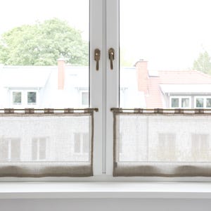 Muslin linen cafe curtains. Short kitchen curtains with tab tops.