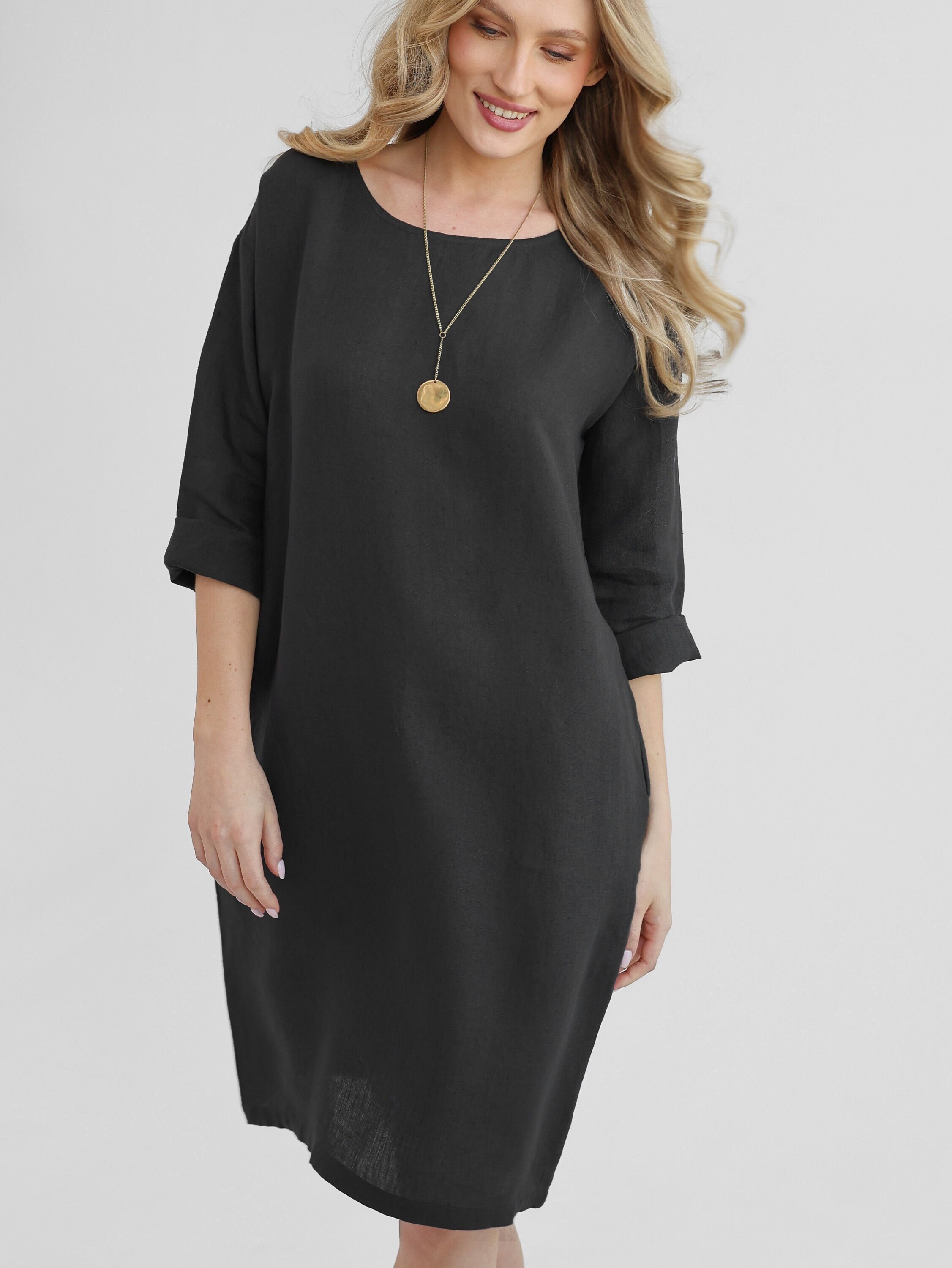 black linen shift dress plus size Womens Cotton Linen Shift Dress Summer Midi Dresses with Pockets Oversized Casual T-Shirt Dresses Solid Shirt Dress Black at Amazon Women's Clothing store