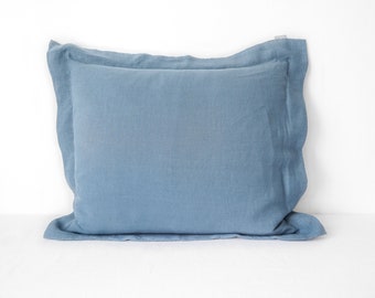 Oxford style dusty blue linen pillow case. Blue linen bedding