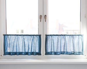 Dusty Blue Linen Cafe Curtain with Ruffle, Natural Kitchen Curtains