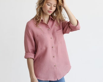 Dusty Pink Linen Shirt, Stonewashed, Coconut Buttons