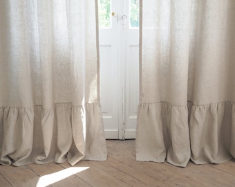 Linen curtain panel with decorative ruffle made of medium linen (160 g/m2). custom width and length.