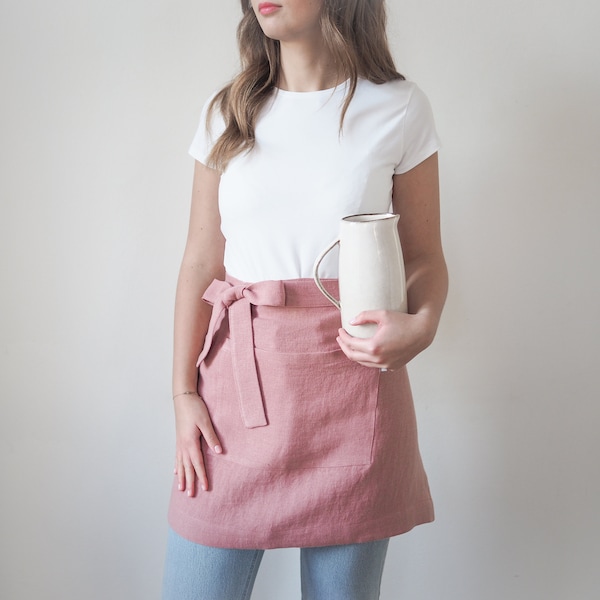 Pink linen cafe apron. Perfect gift idea. Linen half apron