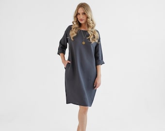 Oversize Linen Shift Dress, Charcoal Gray Stonewashed Linen