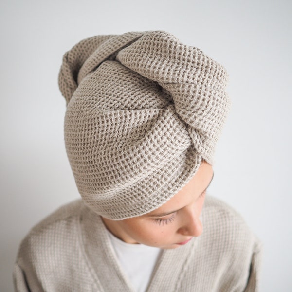 Waffle linen turban in natural linen. Hair turban made from 100% linen.