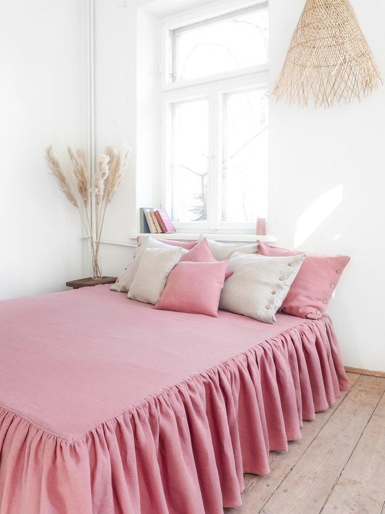 Stonewashed RUFFLED BED SKIRT. Dusty Pink Linen Bedskirt. Etsy
