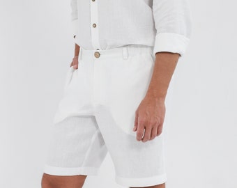 White linen shorts. clothing men. mens shorts.