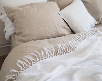 Pure white linen blanket with fringes. bed coverlet. boho bed throw.