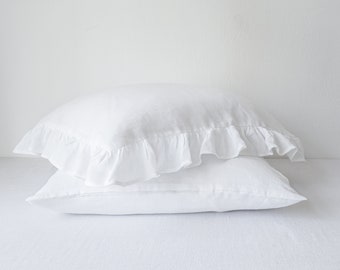 White ruffled linen pillow cases, custom size, linen pillow case with ruffles. Ruffle linen bedding.