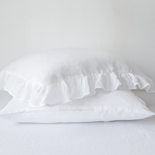 White ruffled linen pillow cases, custom size, linen pillow case with ruffles. Ruffle linen bedding.