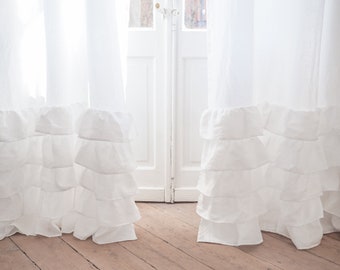 White Linen Ruffled Curtain Panel, Stonewashed Medium Weight