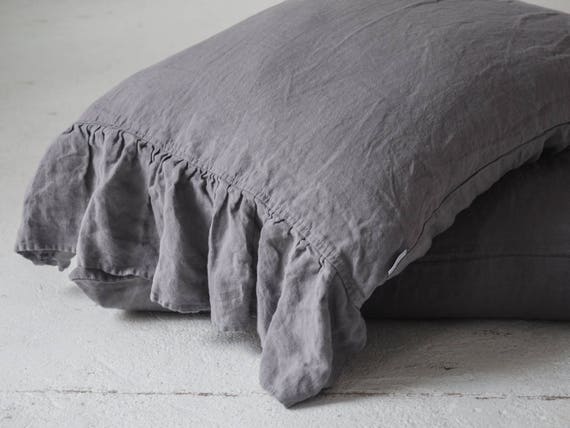 True grey ruffled linen pillowcases True gray ruffled linen pillow cases