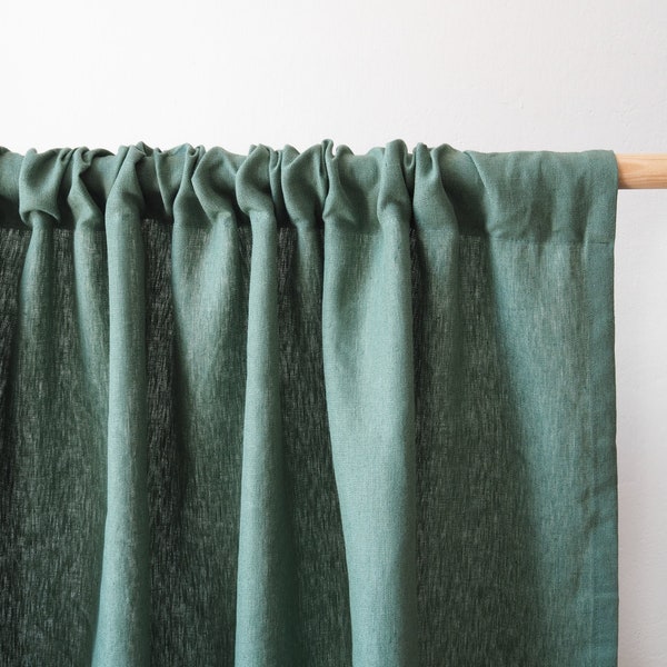 Green rod pocket curtain panel heavy linen (280 g/m2) 1 pcs
