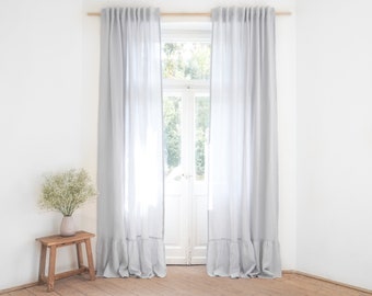 Light gray linen curtain. Linen Curtain Panel made of MEDIUM LINEN (160 g/m2) with Ruffle / light gray / decorative ruffle / 1 pcs