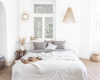Gray Striped Linen Throw Blanket, Stonewashed Bedspread