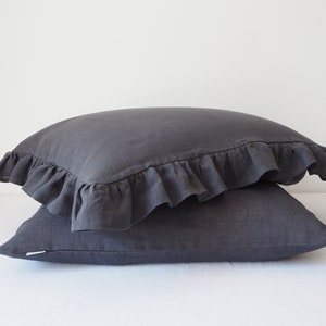 Charcoal linen pillow cover with ruffles. Handmade ruffled pillow case made of 100% European linen. Charcoal color.
